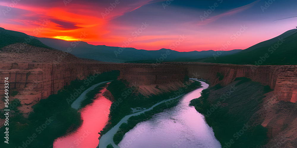 a peaceful river flowing through a canyon, with a dramatic sunset in the background