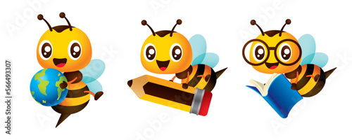 Little bee back to school collection. Cartoon honey bee education theme with holding book, pencil and globe character illustration