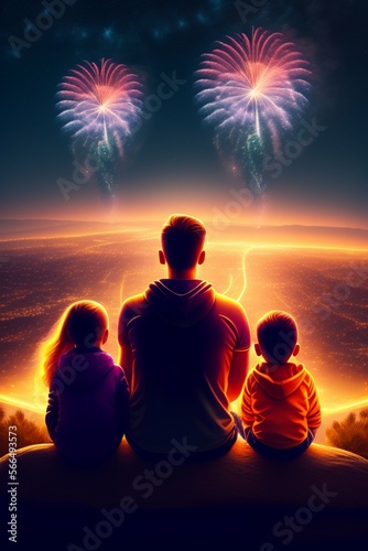 Indian family sitting on a hill watching fireworks 