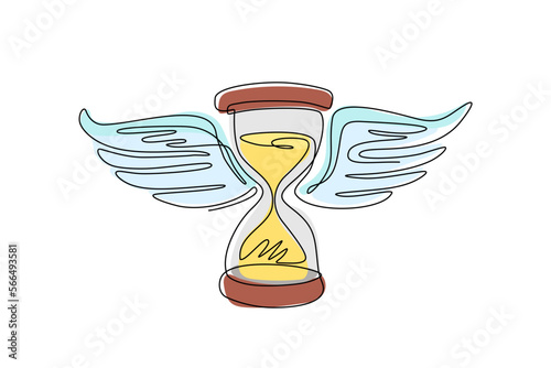 Continuous one line drawing time flies. Hourglass with wings drawing, spending time concept. Hand drawn vintage style. Sandglass with bird wings. Single line draw design vector graphic illustration