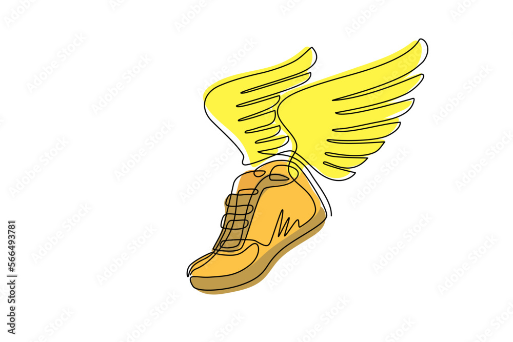 Continuous one line drawing running shoes with wings isolated. Stylized
