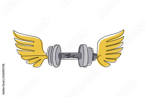 Single one line drawing winged graphic sign created with disc weight dumbbell sport equipment. Sport emblem for weightlifting gym and fitness club. Continuous line draw design vector illustration