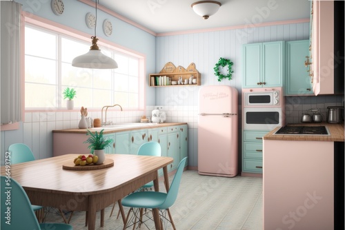 Kitchen Interior Design Mid-Century Modern Series: White walls with light wood paneling, vintage inspired furnishings, and pops of pastel hues. Generative AI
