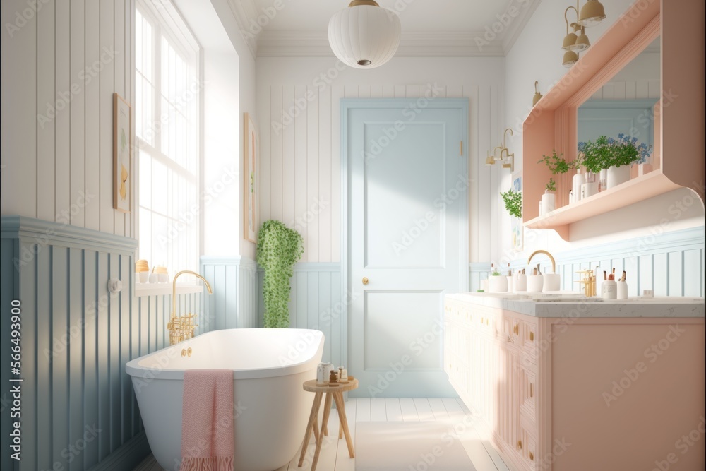 Bath Room Interior Design Mid-Century Modern Series: White walls with light wood paneling, vintage inspired furnishings, and pops of pastel hues. Generative AI
Bath Room Interior Design Mid-Century Modern Series: White walls with light wood paneling, vintage inspired furnishings, and pops of pastel hues. Generative AI