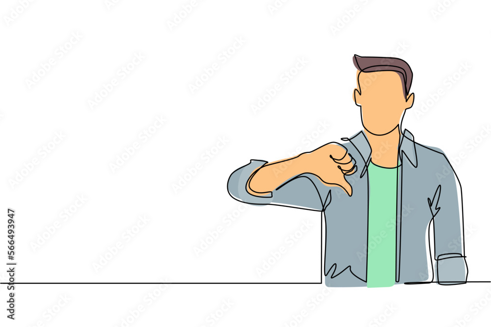 Single continuous line drawing unhappy young man showing thumbs down sign gesture. Dislike, disagree, disappointment, disapprove, no deal. Emotion, body language. One line draw graphic design vector