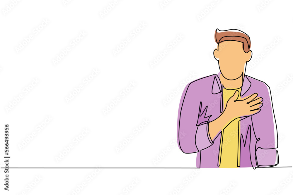 Single one line drawing young man keeping hands on chest. Smiling friendly male expressing gratitude. Emotion and body language concept. Modern continuous line draw design graphic vector illustration Single one line drawing young man keeping hands on chest. Smiling friendly male expressing gratitude. Emotion and body language concept. Modern continuous line draw design graphic vector illustration