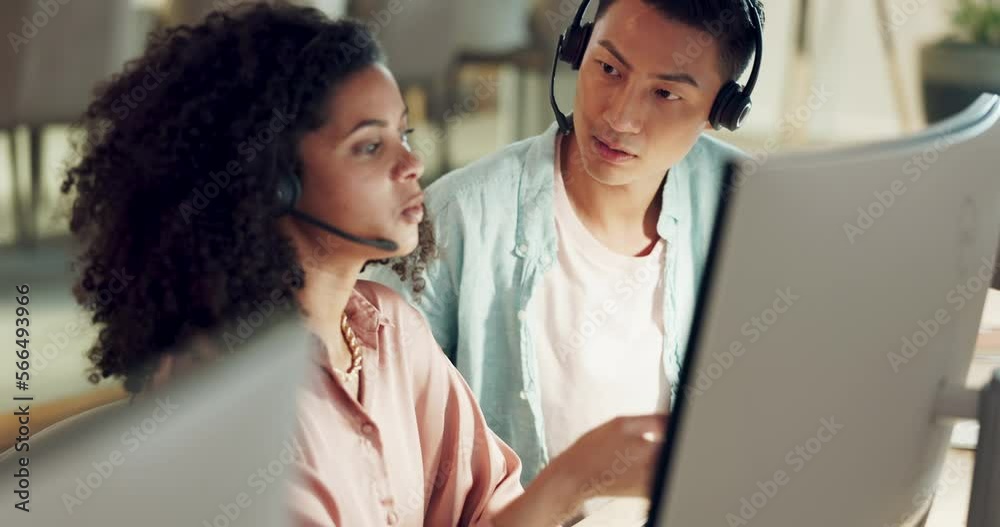 Call center, team and helping on computer in telemarketing office. Business people, consulting and collaboration at desktop pc for online solution, sales and planning telecom questions at help desk