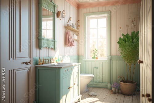Bath Room Interior Design Mid-Century Modern Series: White walls with light wood paneling, vintage inspired furnishings, and pops of pastel hues. Generative AI 