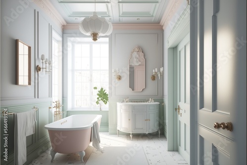 Bath Room  Interior Design  Mid-Century Modern  Series   White walls with light wood paneling  vintage inspired furnishings  and pops of pastel hues. Generative AI 