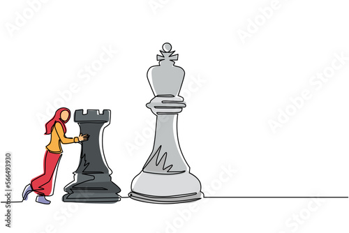 Single one line drawing Arab businesswoman push huge rook chess piece. Business strategy and marketing plan. Strategic move in business concept. Continuous line draw design graphic vector illustration