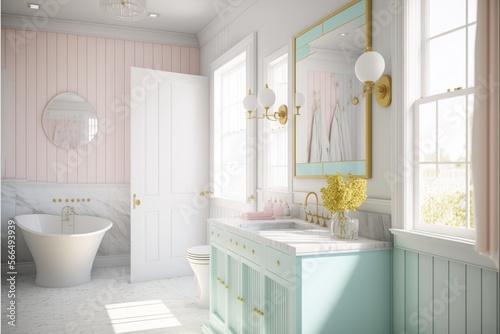 Bath Room  Interior Design  Mid-Century Modern  Series   White walls with light wood paneling  vintage inspired furnishings  and pops of pastel hues. Generative AI 