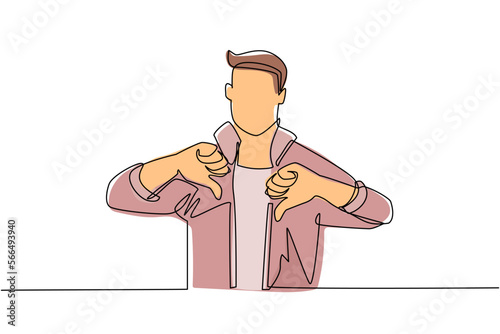 Single continuous line drawing unhappy young man showing thumbs down sign gesture. Dislike, disagree, disappointment, disapprove, no deal. Emotion, body language concept. One line draw design vector