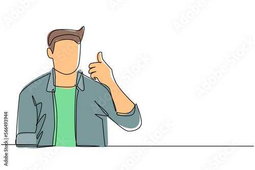 Single continuous line drawing confident businessman thumbs up. Excited business man dressed in casual wear showing thumbs up sign. Deal, like, agree, approve, accept. One line draw design vector