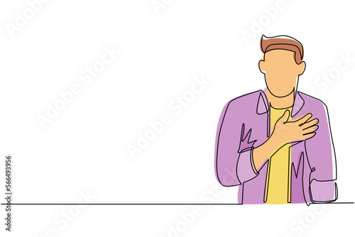 Single one line drawing young man keeping hands on chest. Smiling friendly male expressing gratitude. Emotion and body language concept. Modern continuous line draw design graphic vector illustration