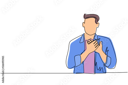 Single one line drawing young man keeping hands on chest. Male suffering from chest pain or heart attack. Health care concept. Emotion and body language. Continuous line draw design graphic vector