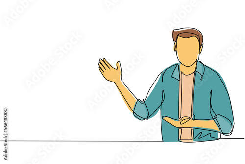 Single one line drawing handsome man in casual clothes presenting something. Young businessman showing something or presenting project. Modern continuous line draw design graphic vector illustration