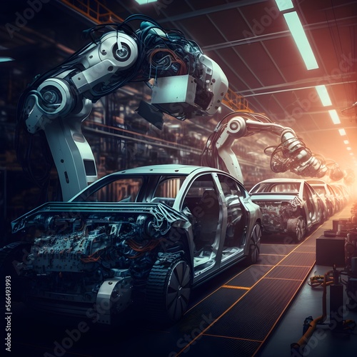 Modern technologically advanced robots assembling cars in a large bright workshop of the automotive industry. Generative AI illustrations. 