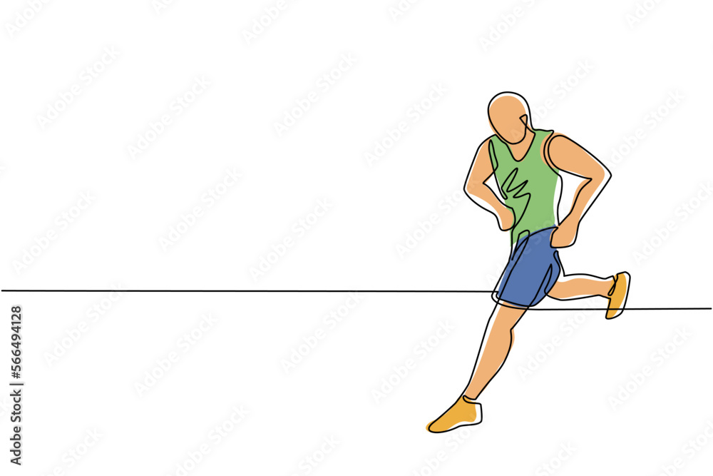 Single continuous line drawing muscular adult man running or jogging. Workout exercise. Marathon athlete doing sprint outdoor. Sportive man. Sport, training, run. One line draw graphic design vector