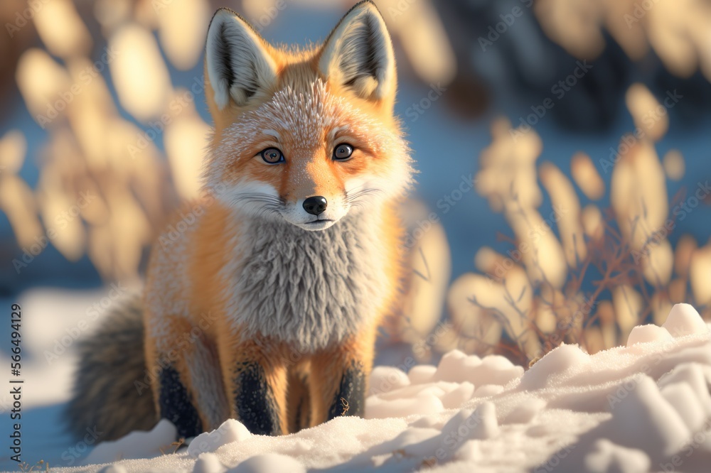 Fototapeta premium Cute fox baby in snow. generative ai