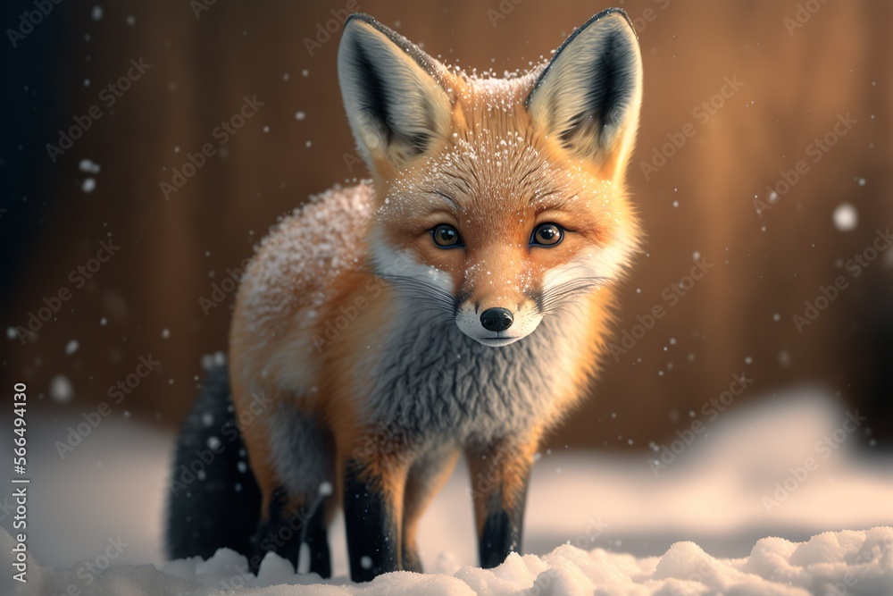 Cute fox baby in snow. generative ai