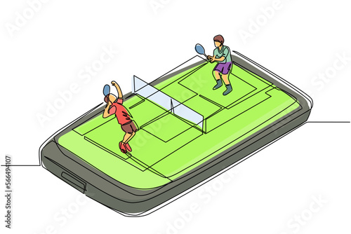 Single one line drawing tennis court with two players on smartphone screen. Professional sports competition: tennis players during match, mobile app. Modern continuous line draw design graphic vector