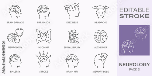 Neurology icons, such as Alzheimer, Parkinson, insomnia, epilepsy and more. Editable stroke.