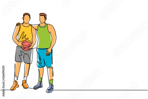 Continuous one line drawing two basketball players embrace each other. Two friendly man together after match finished. Male basketball players celebrating game with hug. Single line draw design vector