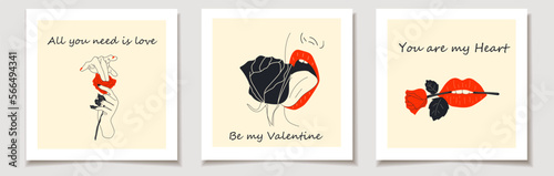 Set of Valentine's day cards Set with Sexual hand gesture - Hand and rose simulating intercourse and sex. Love, Valentine's Day.