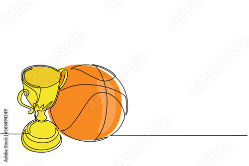 Single one line drawing trophy and basketball ball. Champion cup icon with basketball. Championship trophy. Sport tournament award, winner cup and victory concept. Continuous line draw design vector