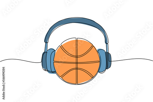 Single one line drawing basketball ball with headphone. Basketball commentator sport icon concept isolated. Flat cartoon style suitable for web, banner, sticker. Continuous line draw design vector