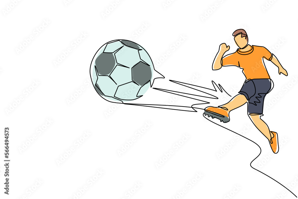 Continuous one line drawing young male soccer player running up and