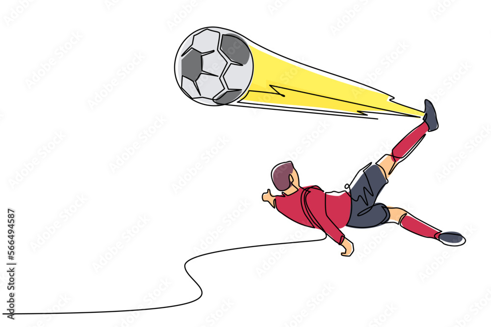Single one line drawing soccer player doing overhead kick shot. Soccer