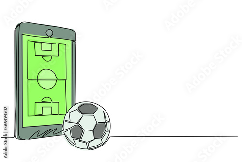 Single continuous line drawing smartphone with app soccer football field and ball. Mobile sport stream championship to play. Online football games. One line draw graphic design vector illustration