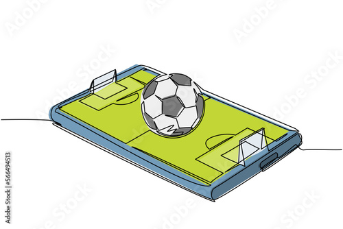 Single continuous line drawing soccer ball over virtual football field smartphone screen. Smartphone with app soccer football. Mobile sport stream championship to play. One line draw design vector