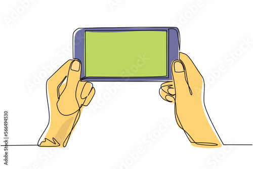 Single one line drawing two hands holding phone and touching screen. Mobile football streaming. Mobile sports play match. Online soccer game with live mobile app. Continuous line draw design vector