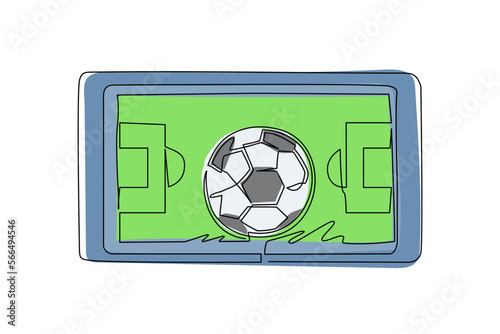 Single one line drawing football field and soccer ball in smartphone screen. Smartphone with app soccer football. Mobile sports stream championship to play. Modern continuous line draw design vector