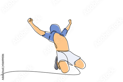 Continuous one line drawing young man football player is celebrating goal on stadium with his jersey on head. Match soccer goal celebration concept. Single line draw design vector graphic illustration