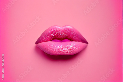 Pink lips painted pink lipstick on a pink background, beautiful shape and texture of beauty cosmetics, lipstick. Generative AI photo