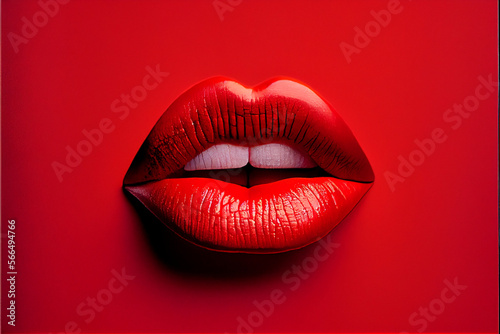 Red lips painted red lipstick on a red background, beautiful shape and texture of beauty cosmetics, lipstick. Generative AI photo