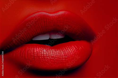 Red lips painted red lipstick on a red background, beautiful shape and texture of beauty cosmetics, lipstick. Generative AI photo