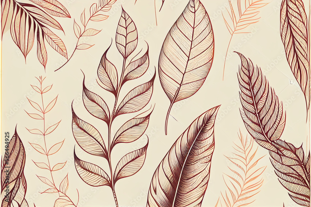 Fototapeta premium Pattern of natural leaves on beige background, pattern of leaves, flora. Generative AI