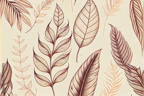 Pattern of natural leaves on beige background, pattern of leaves, flora. Generative AI