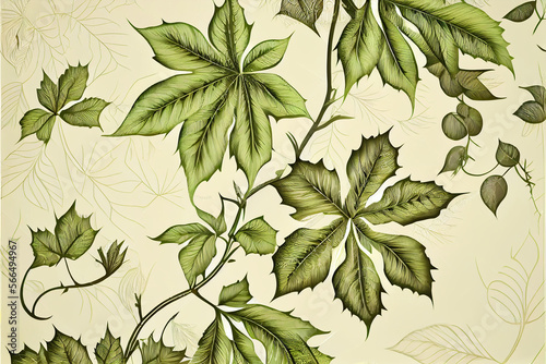 Pattern of natural leaves on beige background, pattern of leaves, flora. Generative AI