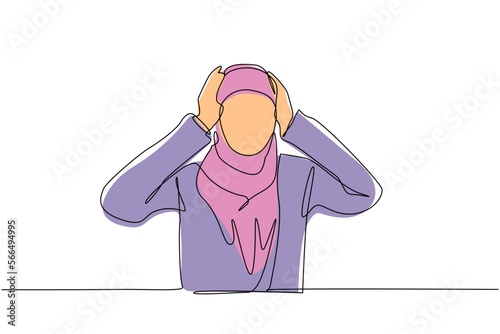 Single continuous line drawing Arabian woman covering or closing her ears with hands, making don't hear or listen gesture. Female does not want to hear or listen. One line draw graphic design vector