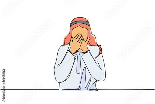 Single one line drawing young Arab man covering mouth with hands. Male mouth with hand shocked with shame for mistake, expression of fear, scared in silence, secret. Continuous line draw design vector