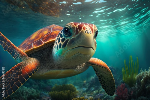Portrait of a sea turtle swimming underwater. generative ai