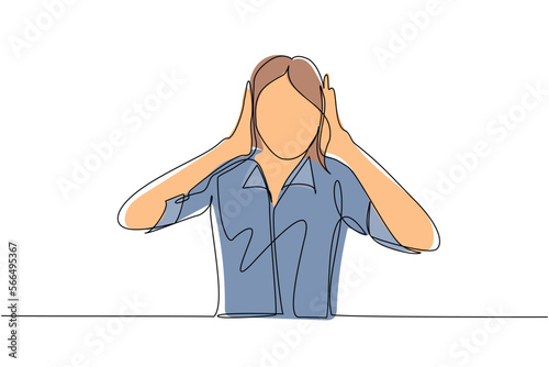 Continuous one line drawing woman covering or closing her ears with hands, making don't hear or listen gesture. Female does not want to hear or listen. Single line draw design vector illustration
