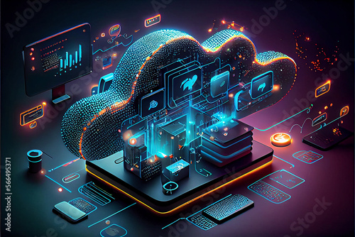 Cloud technology, computing. Devices connected to digital storage in the data center via the Internet, IOT, Smart Home Communication laptop, tablet, phone home devices with an online. Generative AI photo