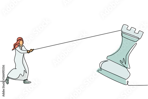 Single one line drawing Arab businessman pulling big rook chess with rope. Business achievement goal, strategy, competitive, strategic concept. Continuous line draw design graphic vector illustration