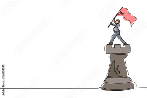 Single continuous line drawing businessman standing on top of big rook chess and waving a flag. Leader success concept. Successful business strategy. One line draw graphic design vector illustration